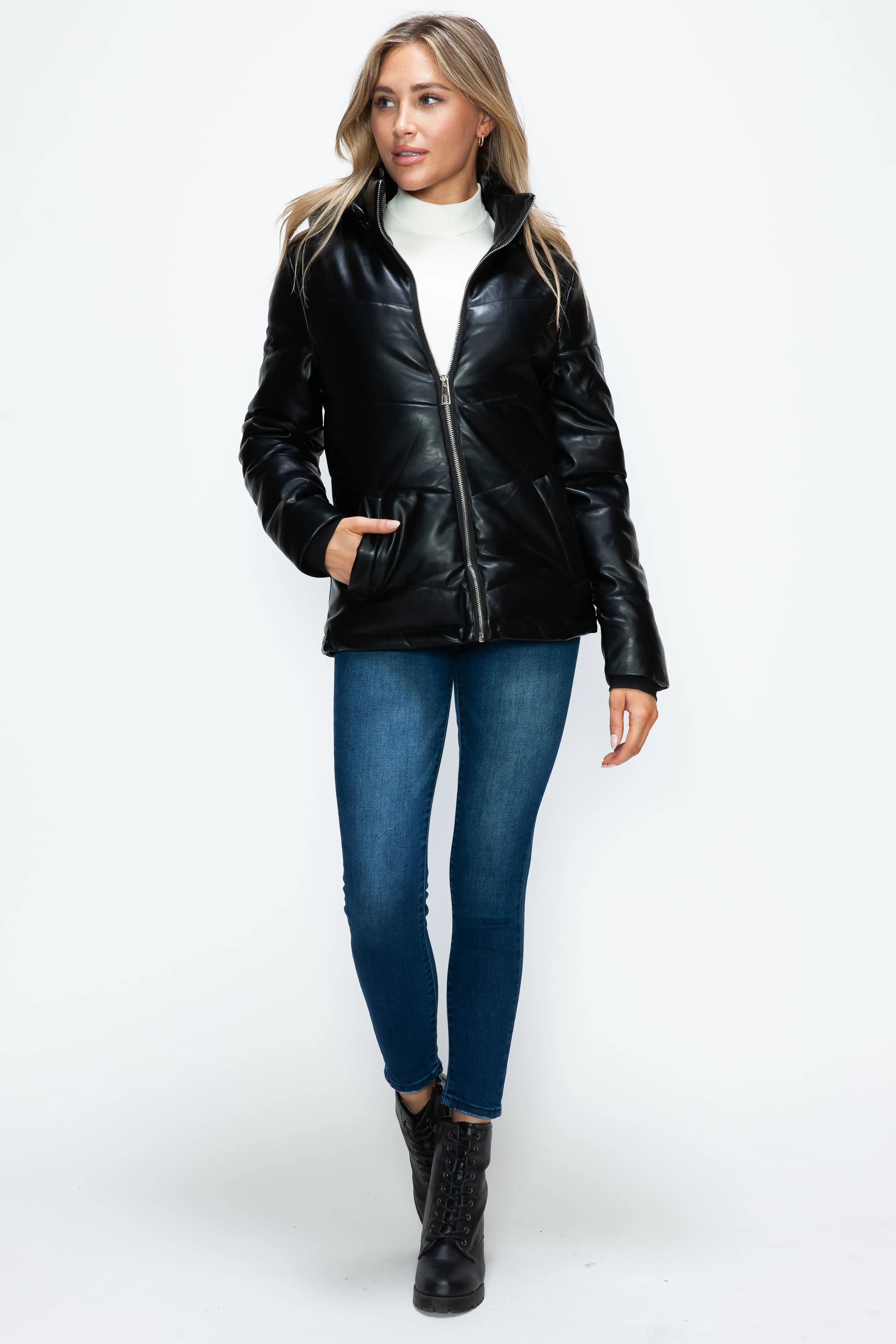 Black Zip Up Puffer Jacket with Removable Hood
