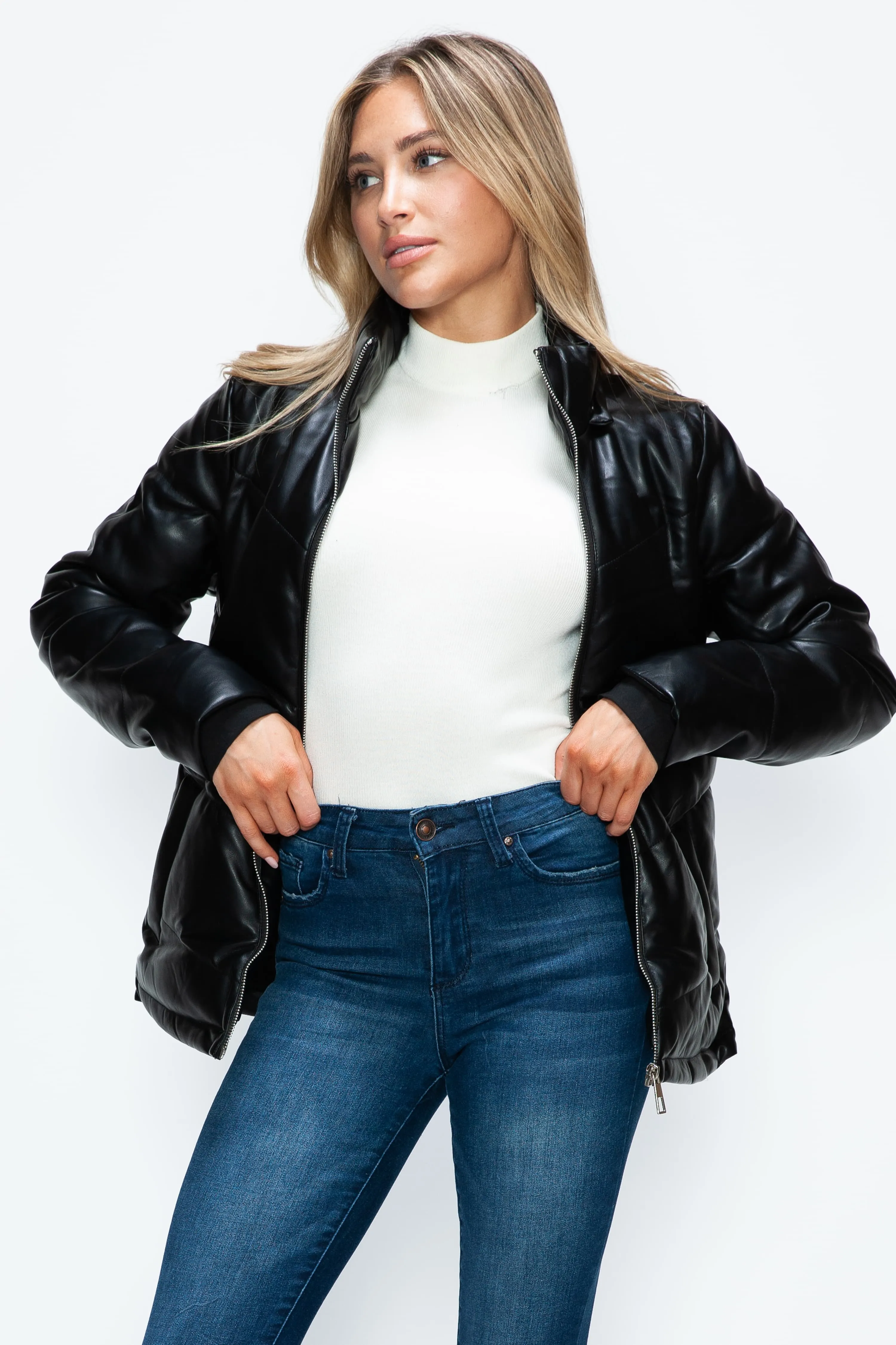 Black Zip Up Puffer Jacket with Removable Hood