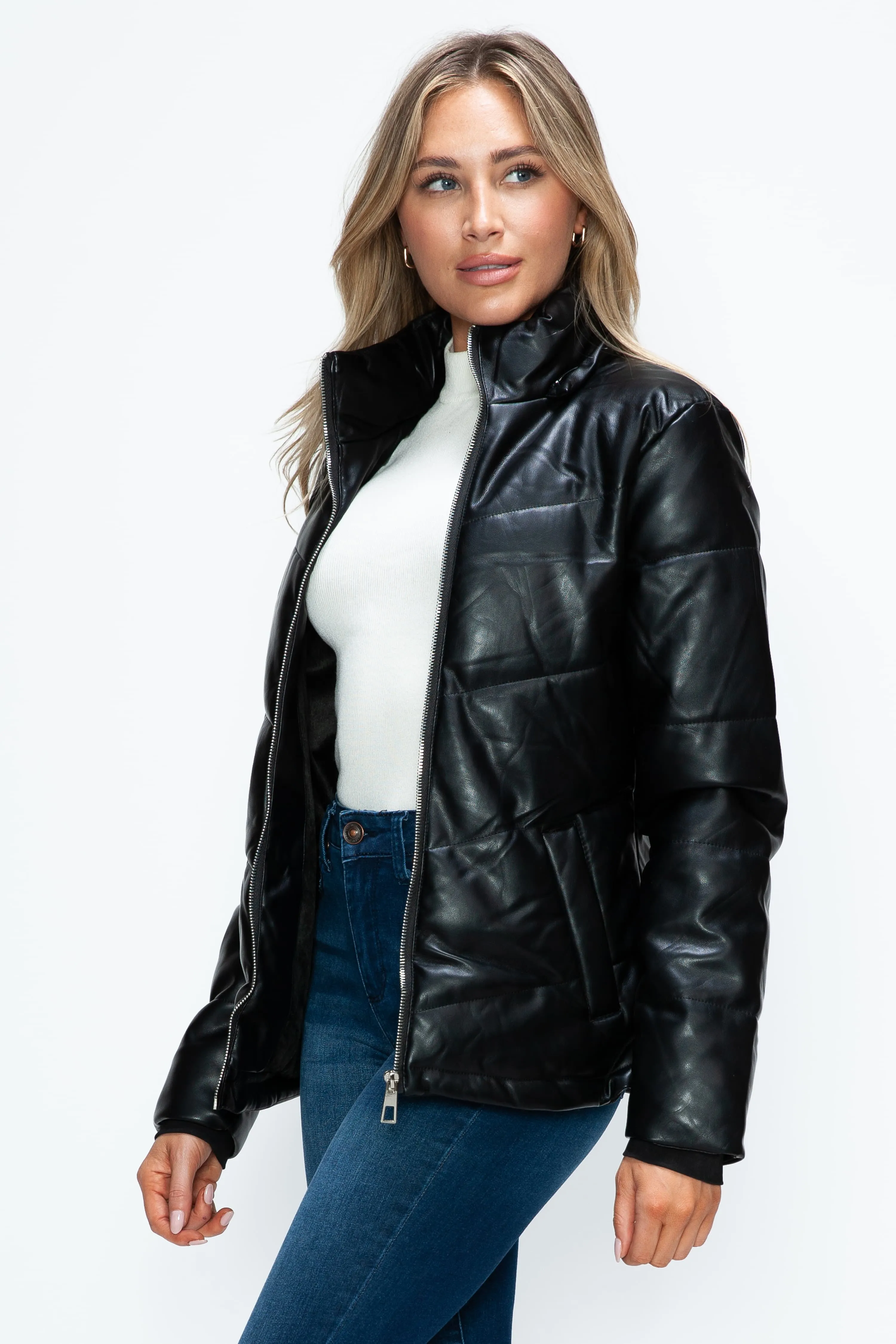 Black Zip Up Puffer Jacket with Removable Hood