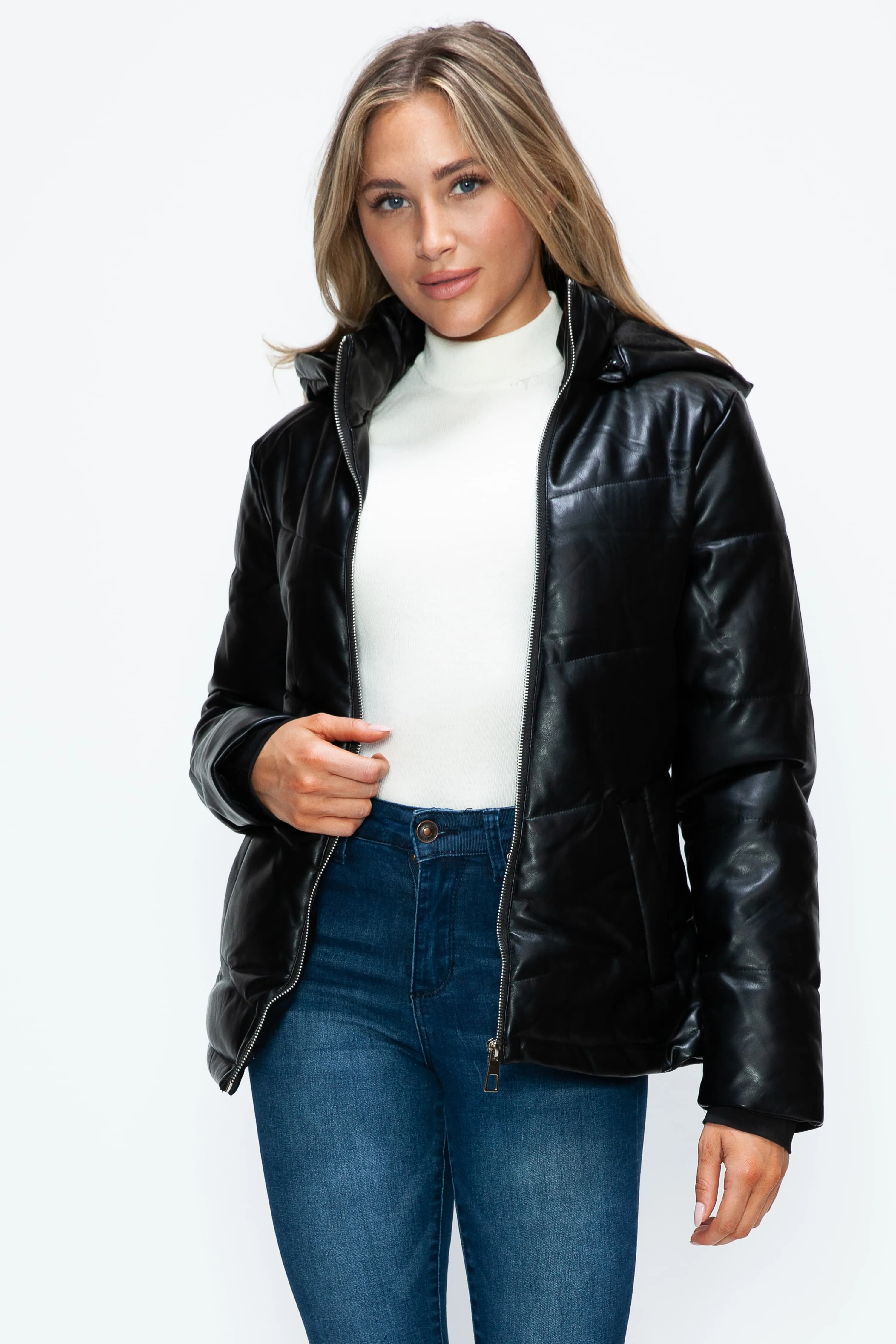 Black Zip Up Puffer Jacket with Removable Hood