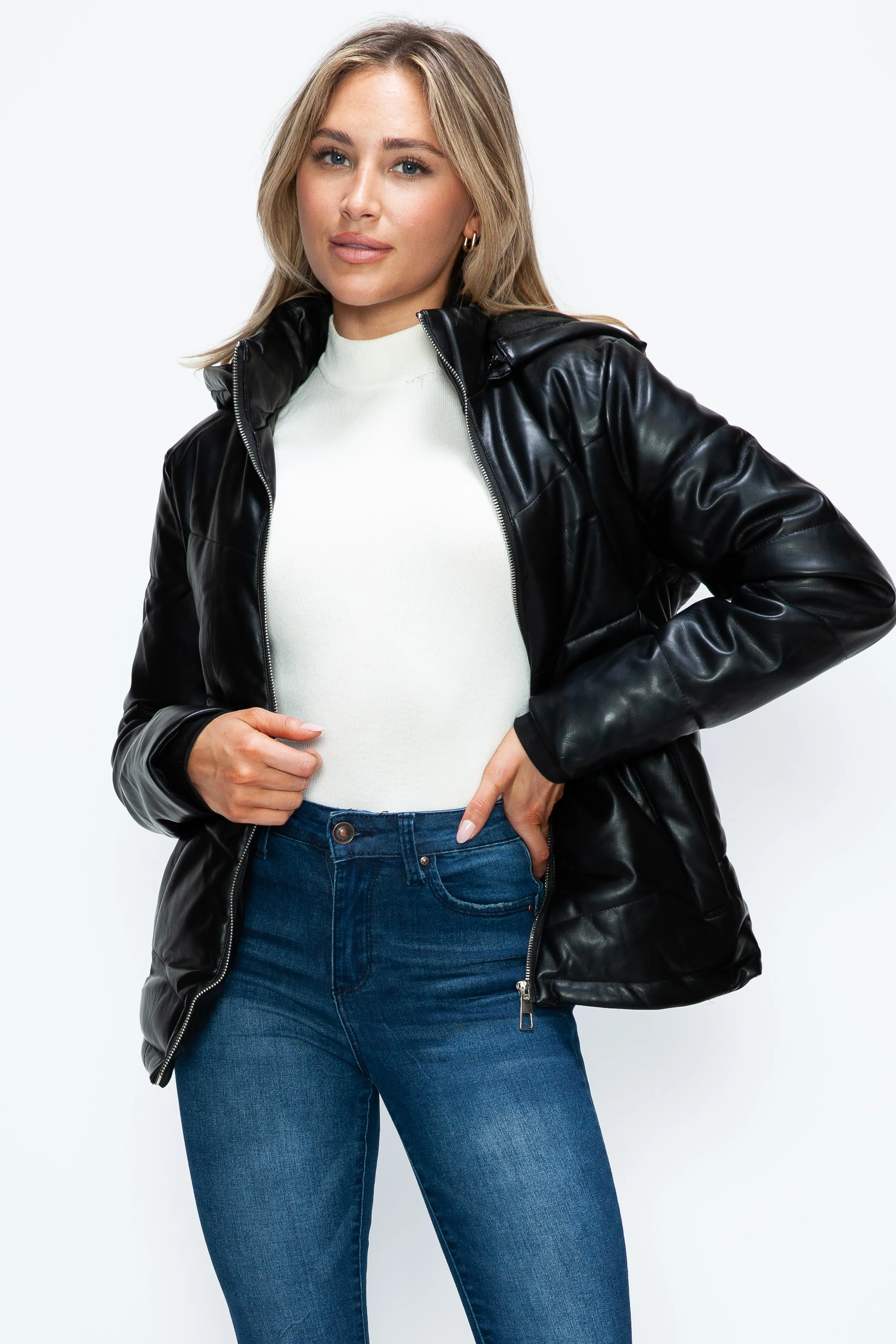 Black Zip Up Puffer Jacket with Removable Hood