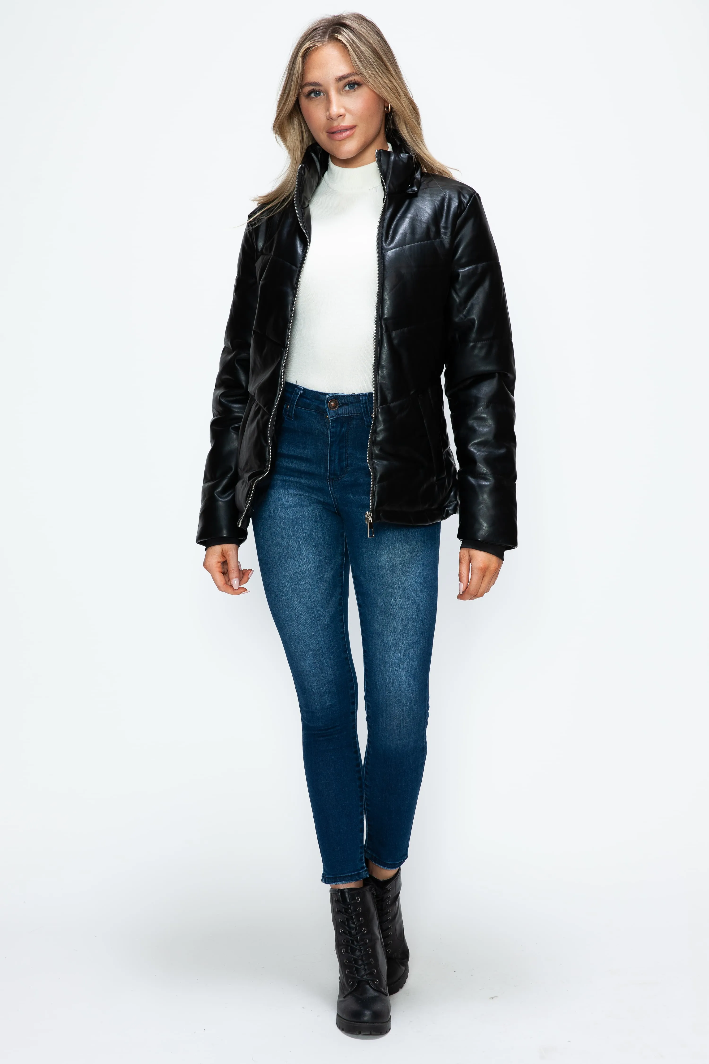 Black Zip Up Puffer Jacket with Removable Hood