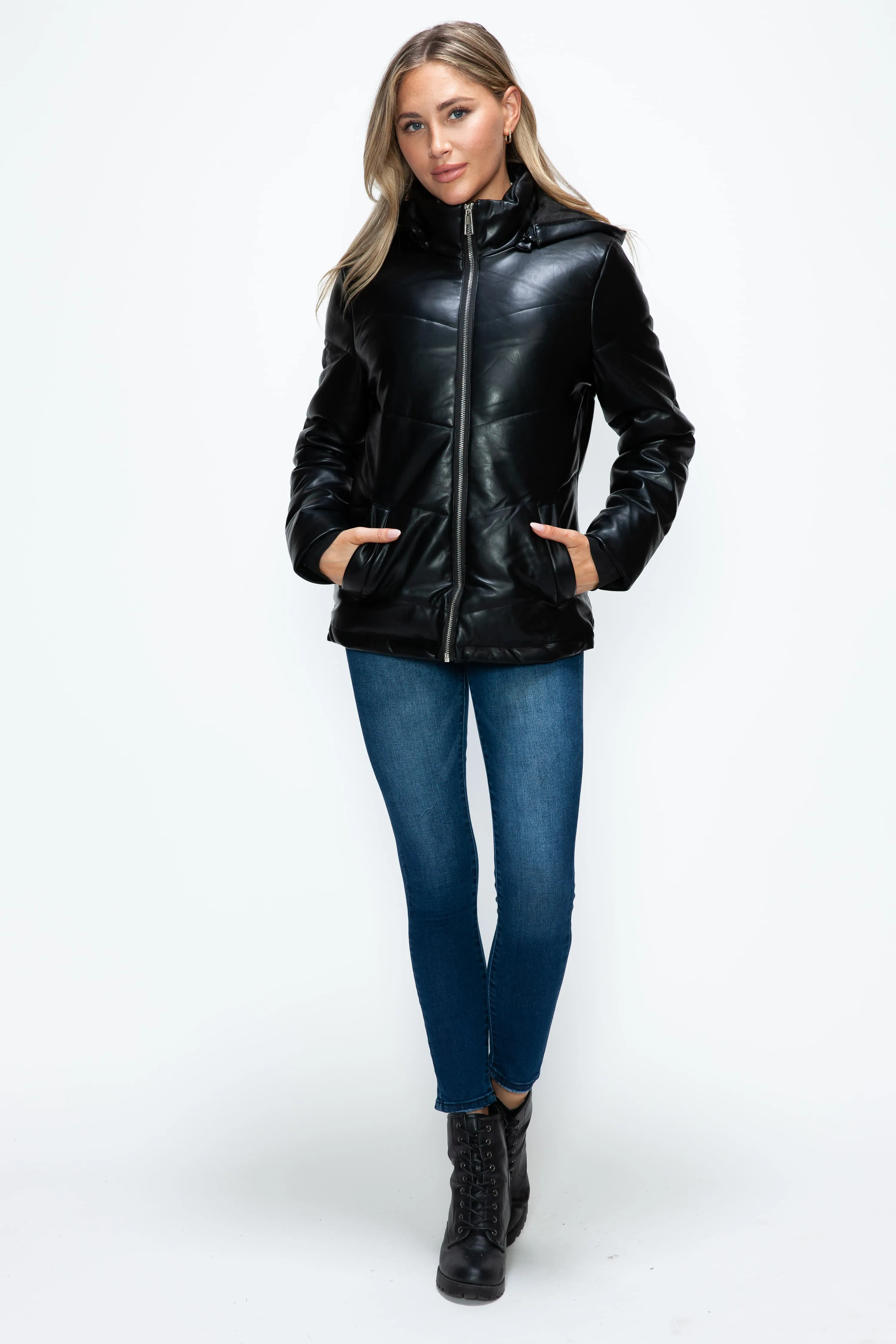 Black Zip Up Puffer Jacket with Removable Hood