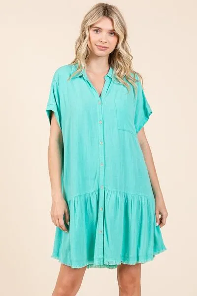 Blue Linen Blend Button Down Shirt Mini Dress