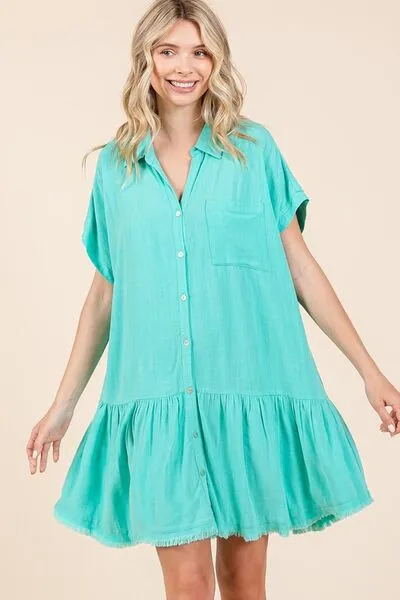 Blue Linen Blend Button Down Shirt Mini Dress