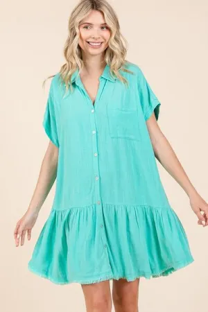 Blue Linen Blend Button Down Shirt Mini Dress