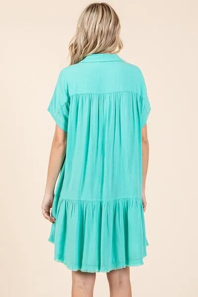 Blue Linen Blend Button Down Shirt Mini Dress
