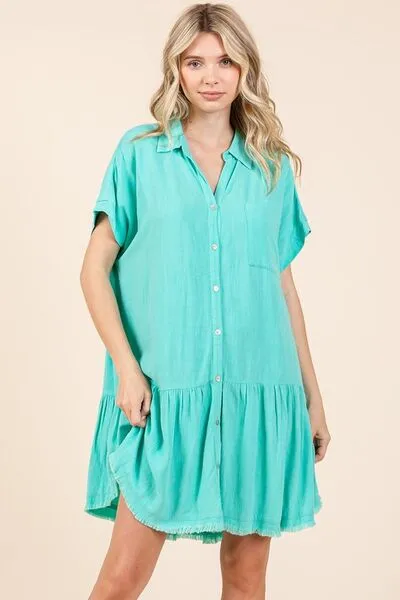 Blue Linen Blend Button Down Shirt Mini Dress