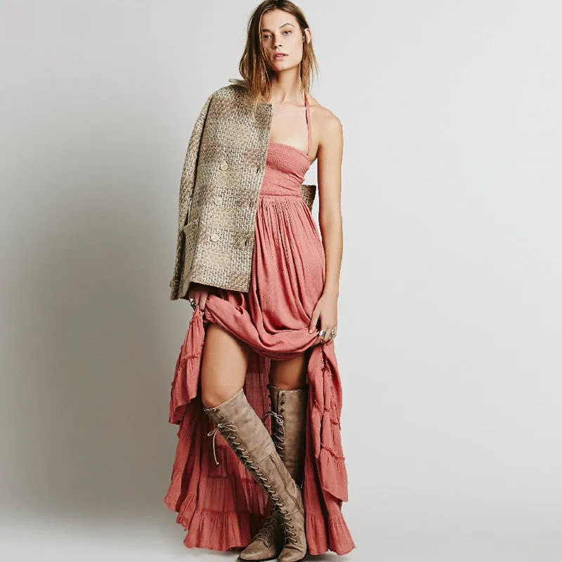 Bohemian Ruffled Maxi Fit and Flare Dress