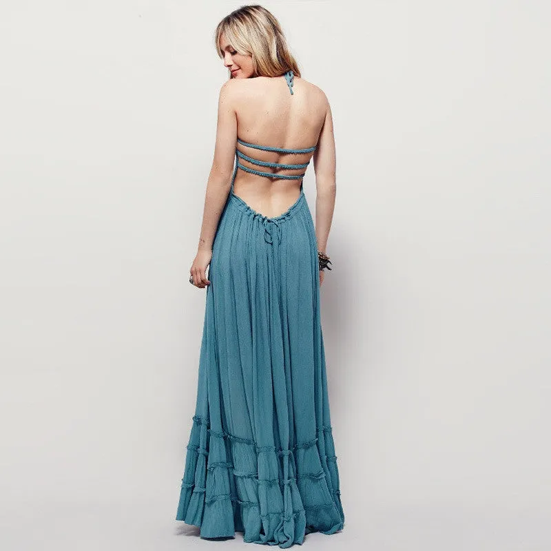 Bohemian Ruffled Maxi Fit and Flare Dress