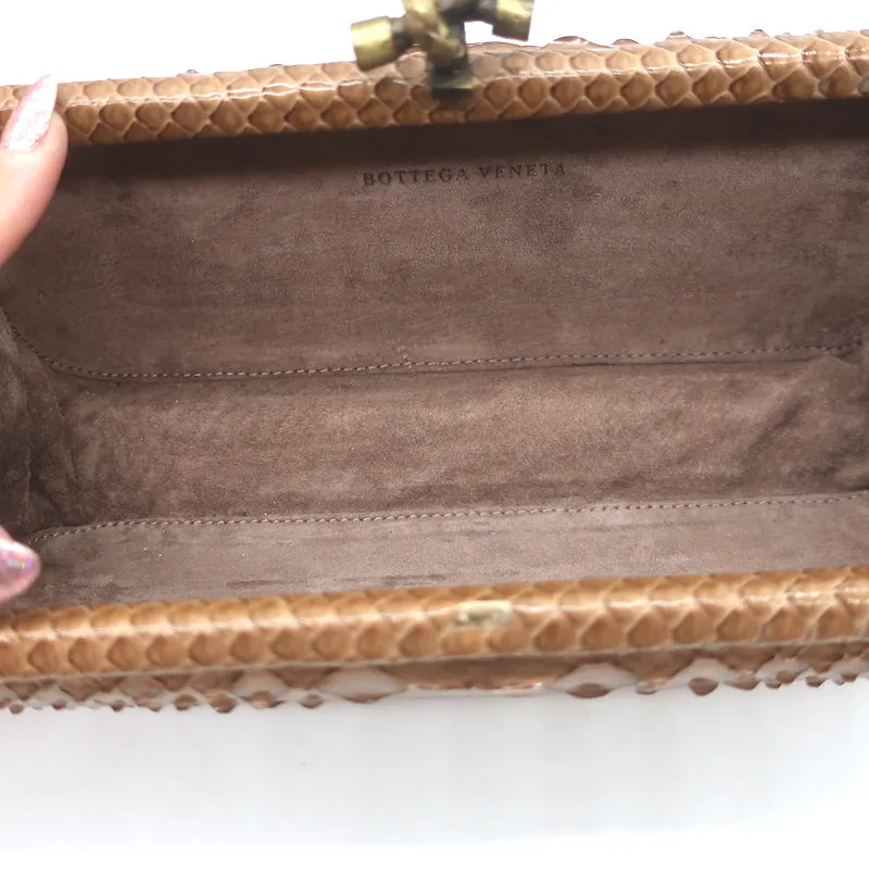 Bottega Veneta Snakeskin Long Stretch Knot Clutch Brown