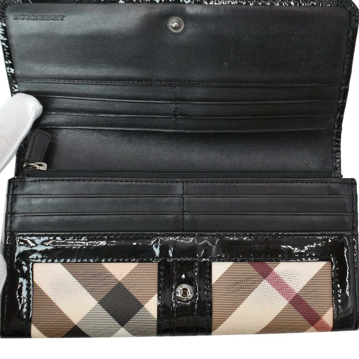 BURBERRY House Check Patent Leather Continental Wallet Black