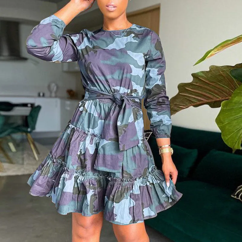 Camouflage Pattern Bandage Ruffle Design A Line Dress