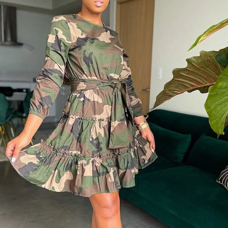 Camouflage Pattern Bandage Ruffle Design A Line Dress