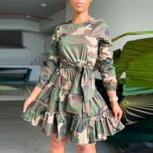 Camouflage Pattern Bandage Ruffle Design A Line Dress