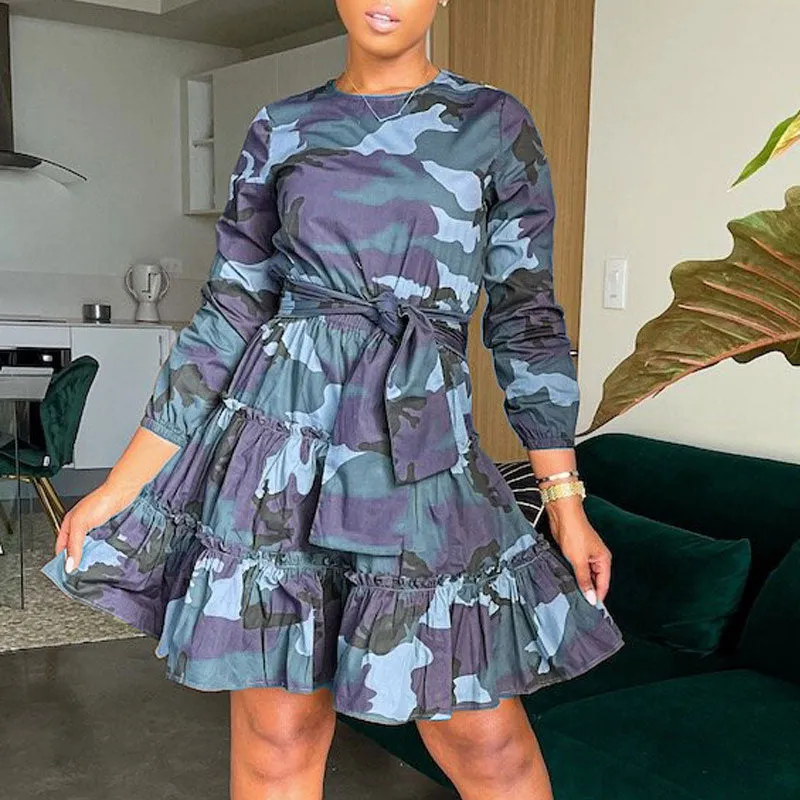 Camouflage Pattern Bandage Ruffle Design A Line Dress