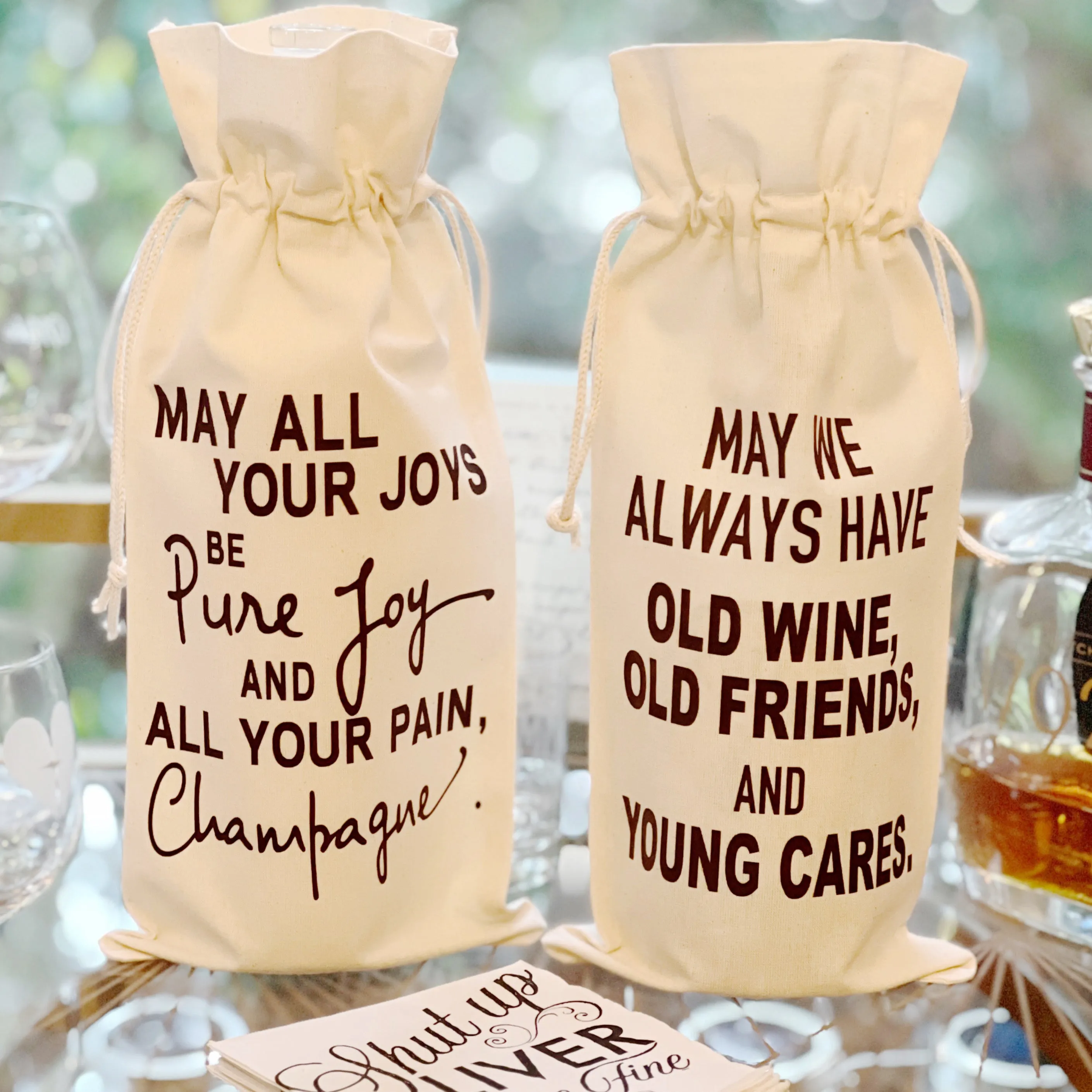 Canvas Bottle Wine Bag - Pure Joy and Champagne