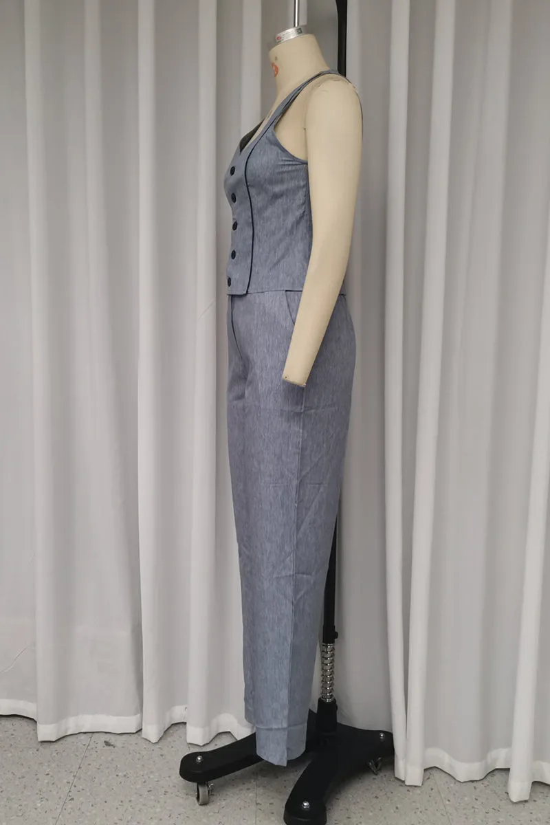 Casual Solid Color Buttons V Neck Sleeveless Two Pieces