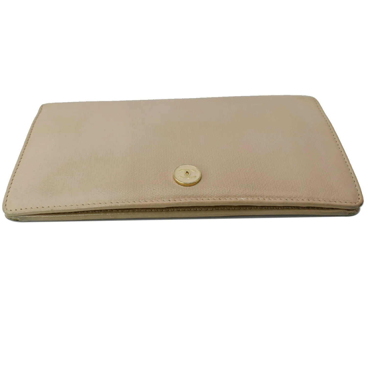 CHANEL Long Coco Button Bi-Fold Caviar Leather Wallet Beige