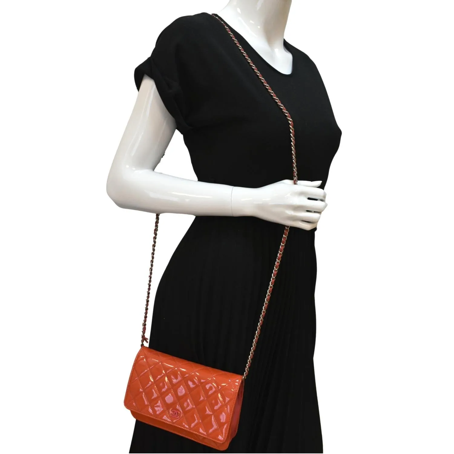 CHANEL WOC Patent Leather Wallet On Chain Clutch Bag Orange