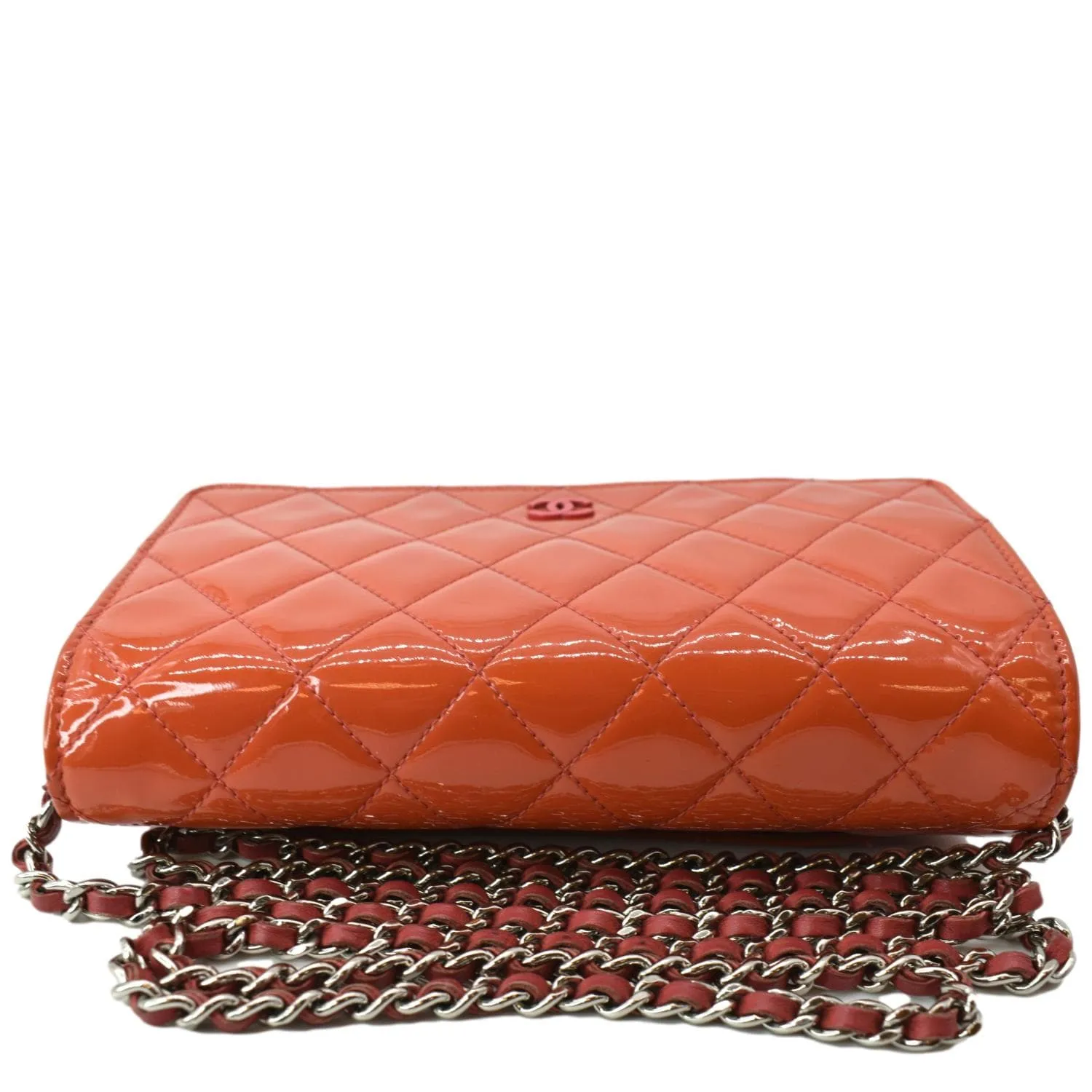CHANEL WOC Patent Leather Wallet On Chain Clutch Bag Orange