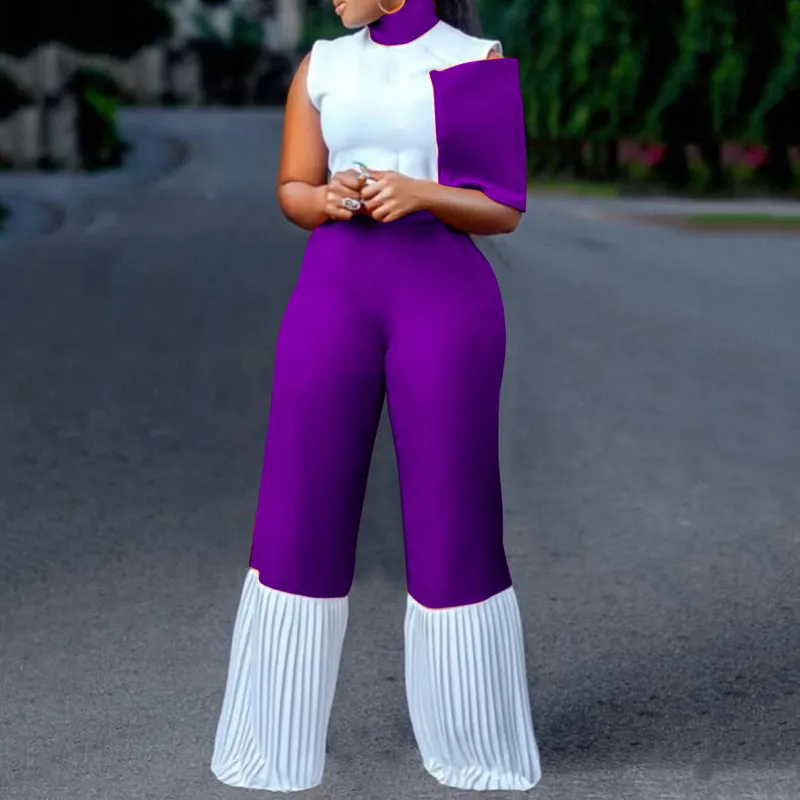 Colorblock Loose Leg Turtleneck Jumpsuit