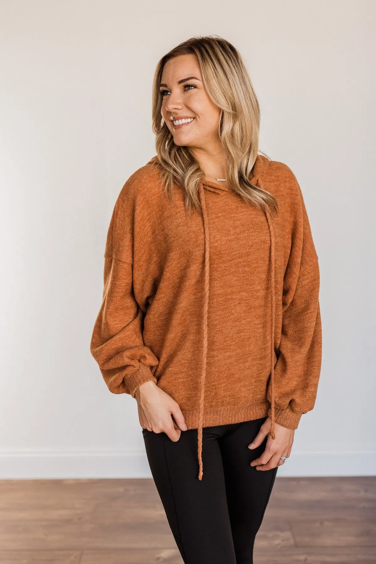 Comfy Is Key Drawstring Hoodie- Burnt Orange