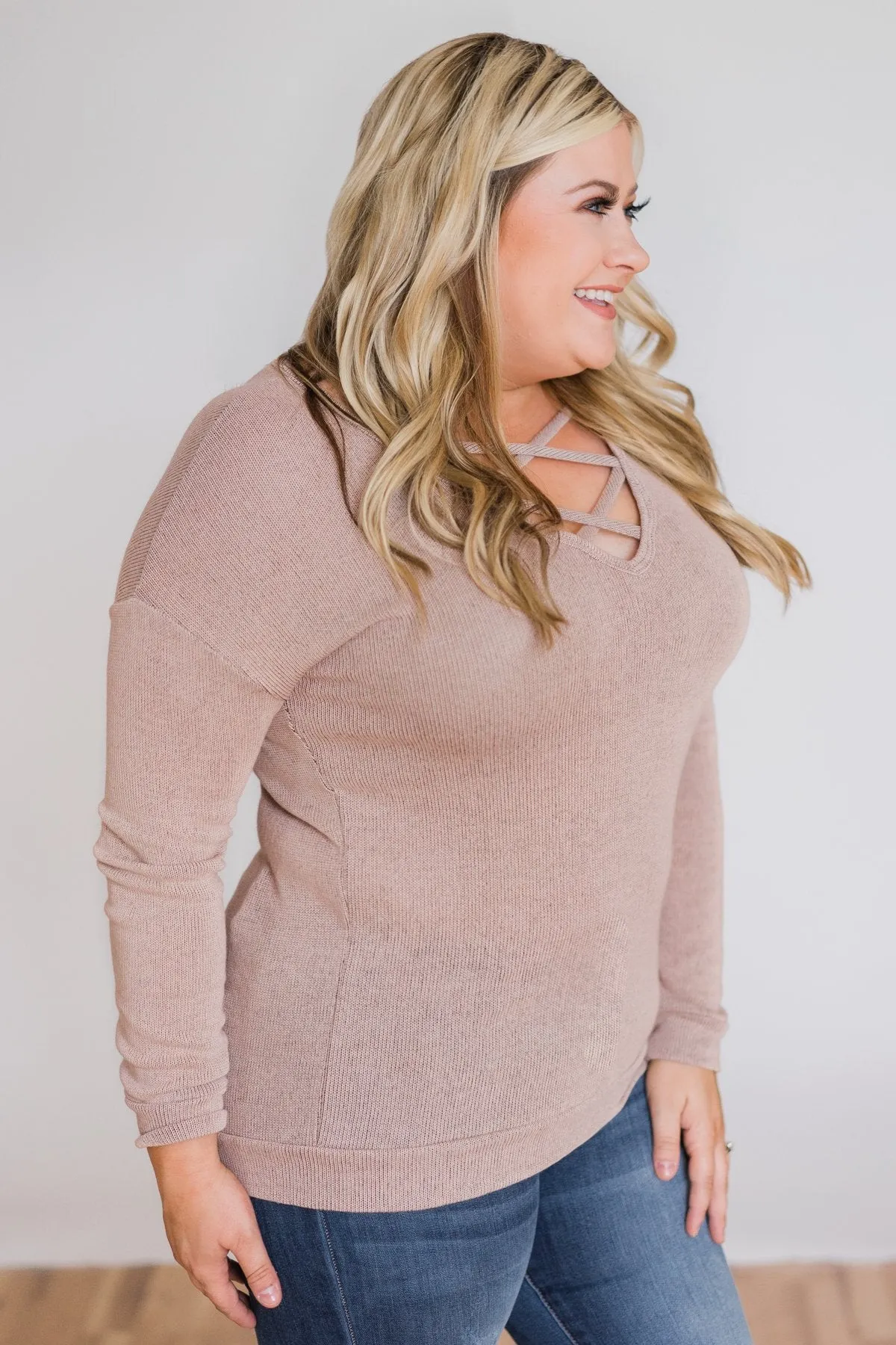 Comfy Knit Criss Cross Long Sleeve Top- Taupe