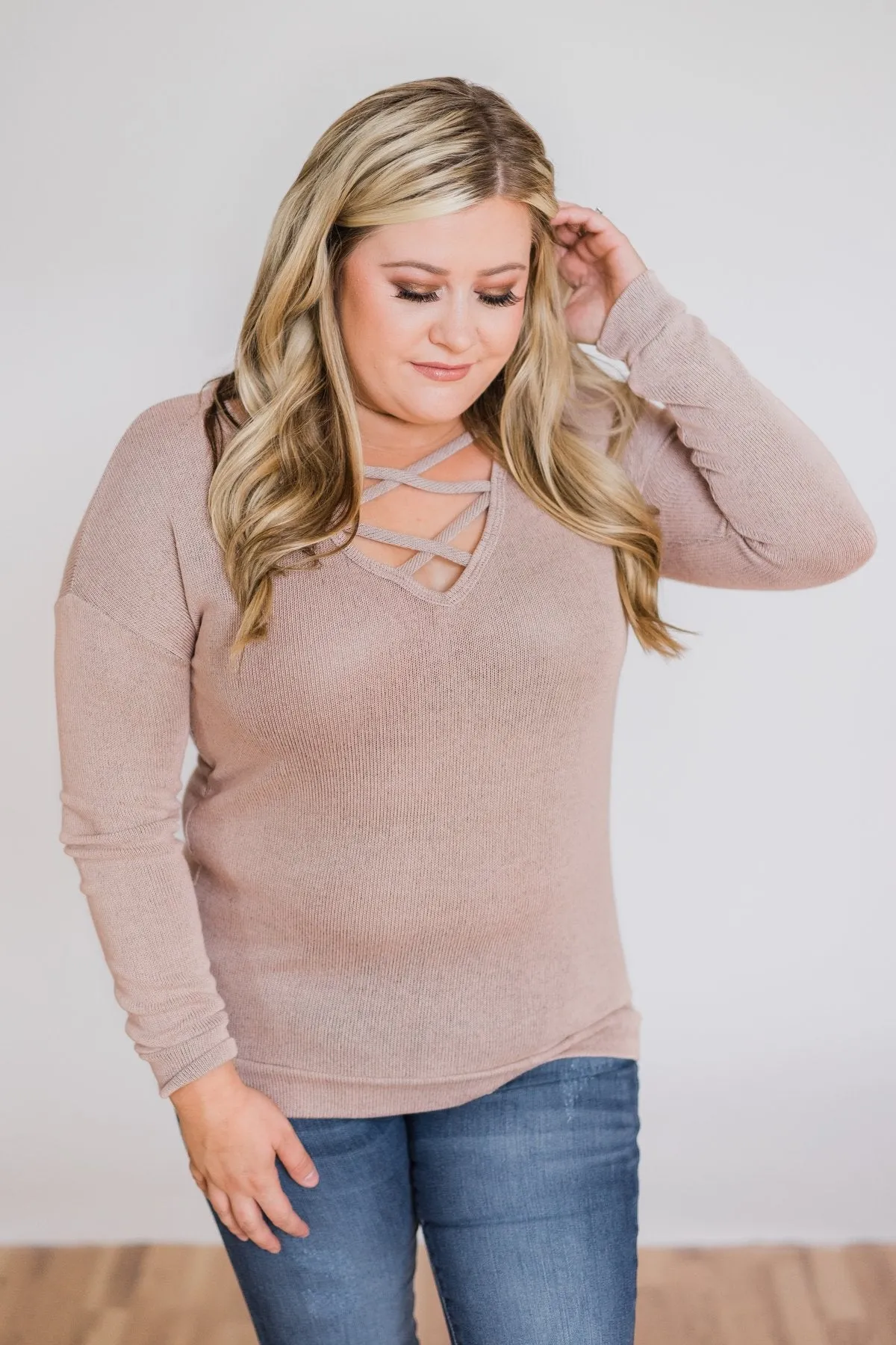 Comfy Knit Criss Cross Long Sleeve Top- Taupe