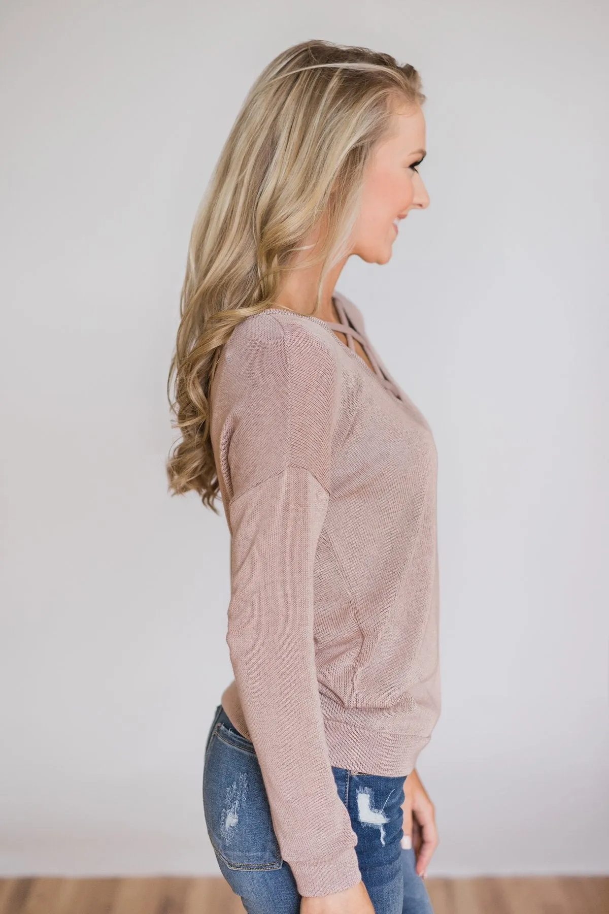 Comfy Knit Criss Cross Long Sleeve Top- Taupe