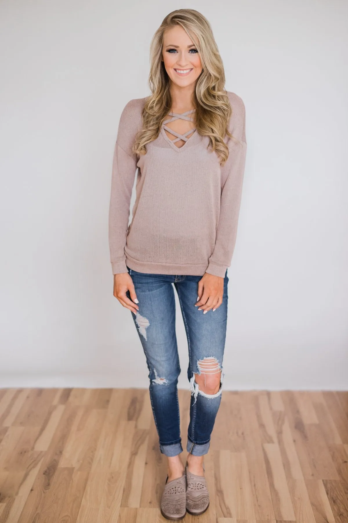 Comfy Knit Criss Cross Long Sleeve Top- Taupe