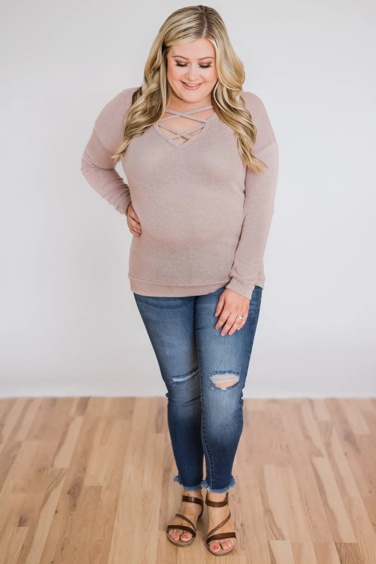 Comfy Knit Criss Cross Long Sleeve Top- Taupe