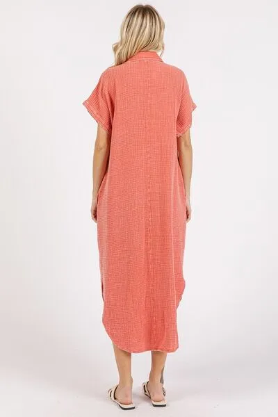 Coral Color Mineral Wash V Neck Button Up Midi Shirt Dress