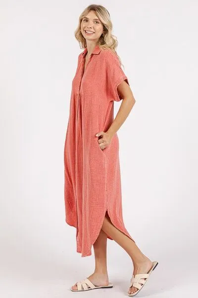 Coral Color Mineral Wash V Neck Button Up Midi Shirt Dress