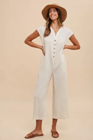 Cream Color Button Detail Wide Leg Jumpsuit with Pockets