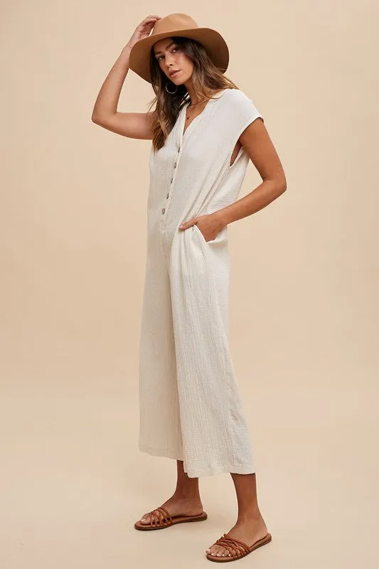 Cream Color Button Detail Wide Leg Jumpsuit with Pockets