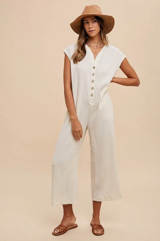 Cream Color Button Detail Wide Leg Jumpsuit with Pockets
