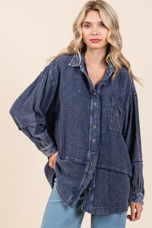 Dark Navy Textured Collared Neck Long Sleeve Shirt