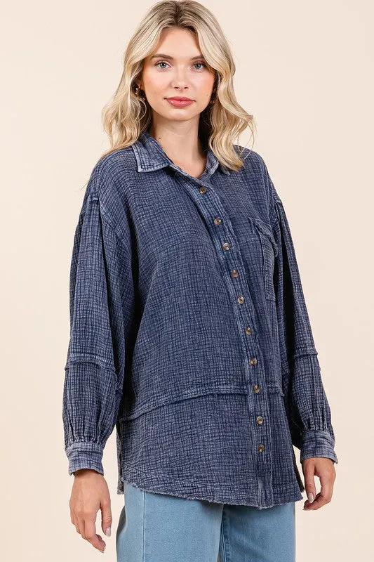 Dark Navy Textured Collared Neck Long Sleeve Shirt