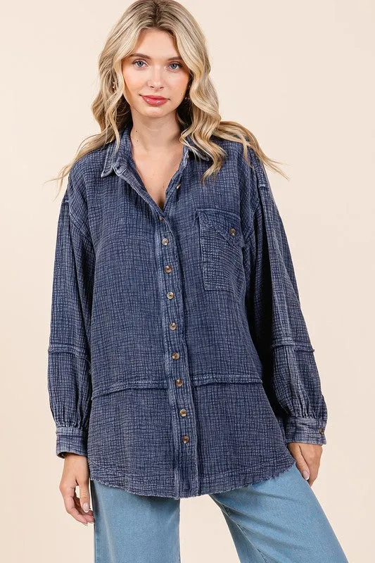 Dark Navy Textured Collared Neck Long Sleeve Shirt