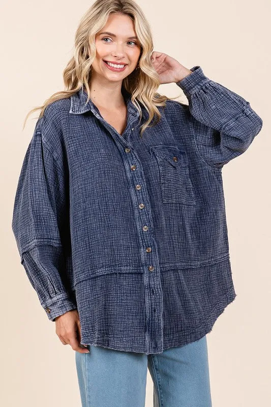 Dark Navy Textured Collared Neck Long Sleeve Shirt