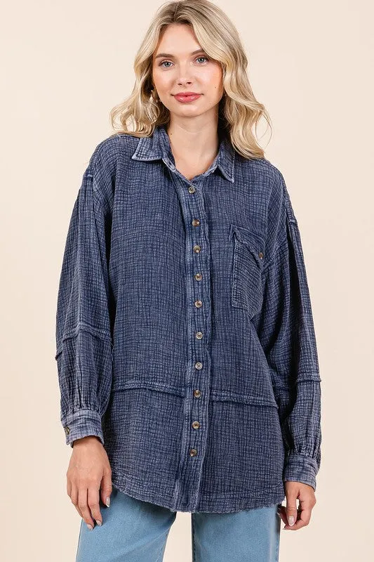 Dark Navy Textured Collared Neck Long Sleeve Shirt