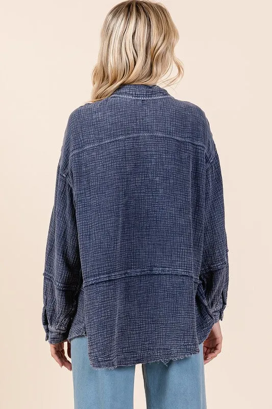 Dark Navy Textured Collared Neck Long Sleeve Shirt