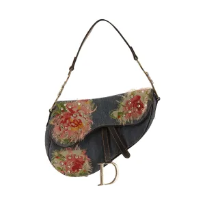 Dior Denim Rhinestone Patch Saddle Bag