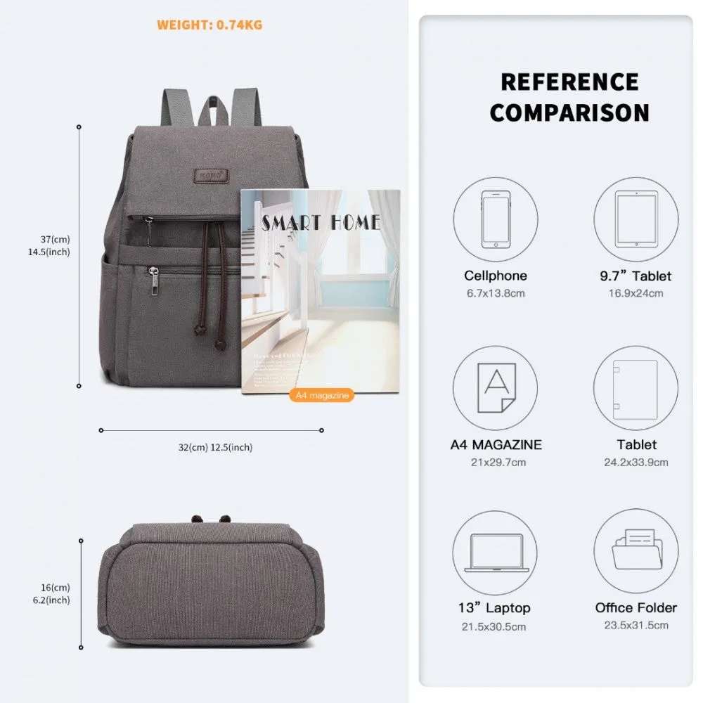 Eb2233 - Kono Canvas Clamshell Drawstring School Backpack - Grey