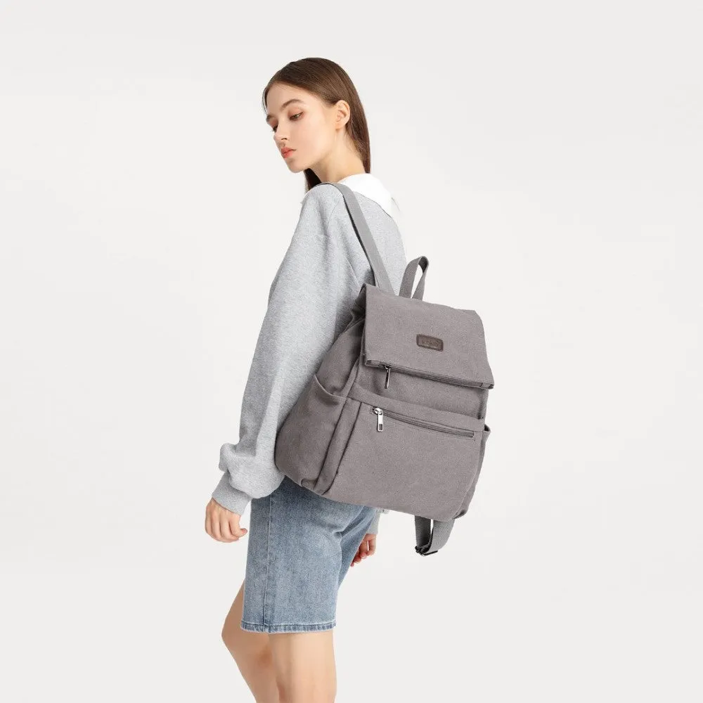 Eb2233 - Kono Canvas Clamshell Drawstring School Backpack - Grey