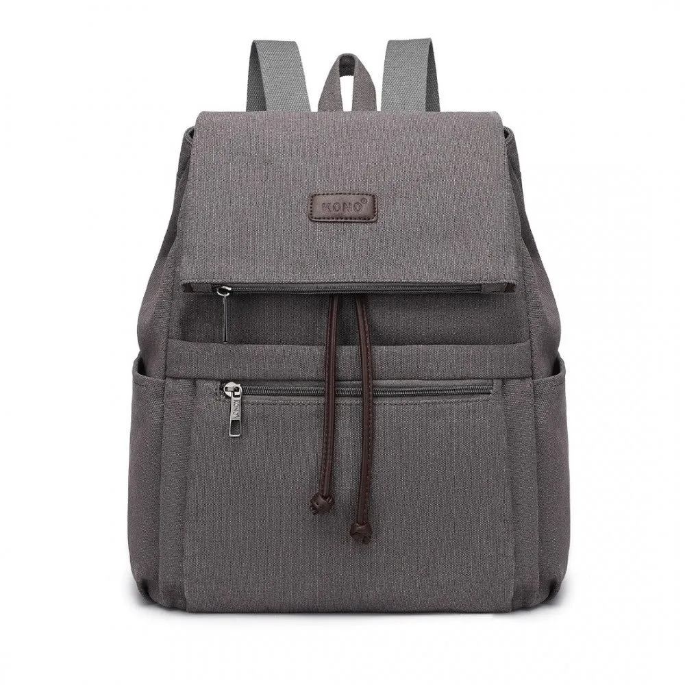 Eb2233 - Kono Canvas Clamshell Drawstring School Backpack - Grey