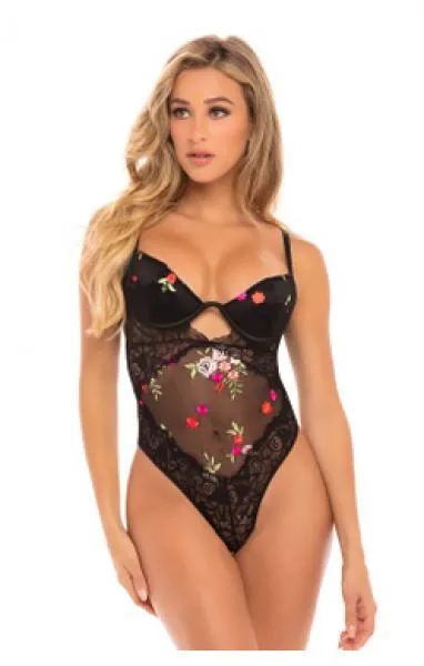 Ella Embroidery Floral Print Teddy - Black -