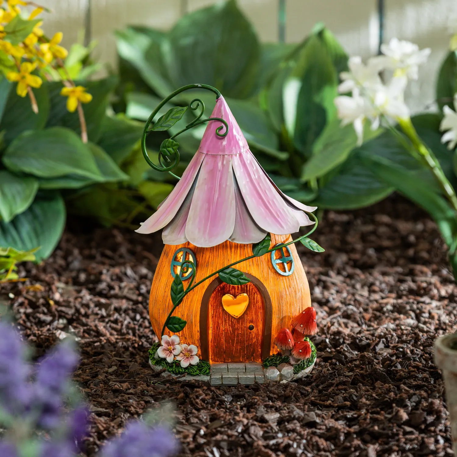 Evergreen Statuary,LED Fairy House, Purple Floral Roof,6.5x6.89x10.04 Inches
