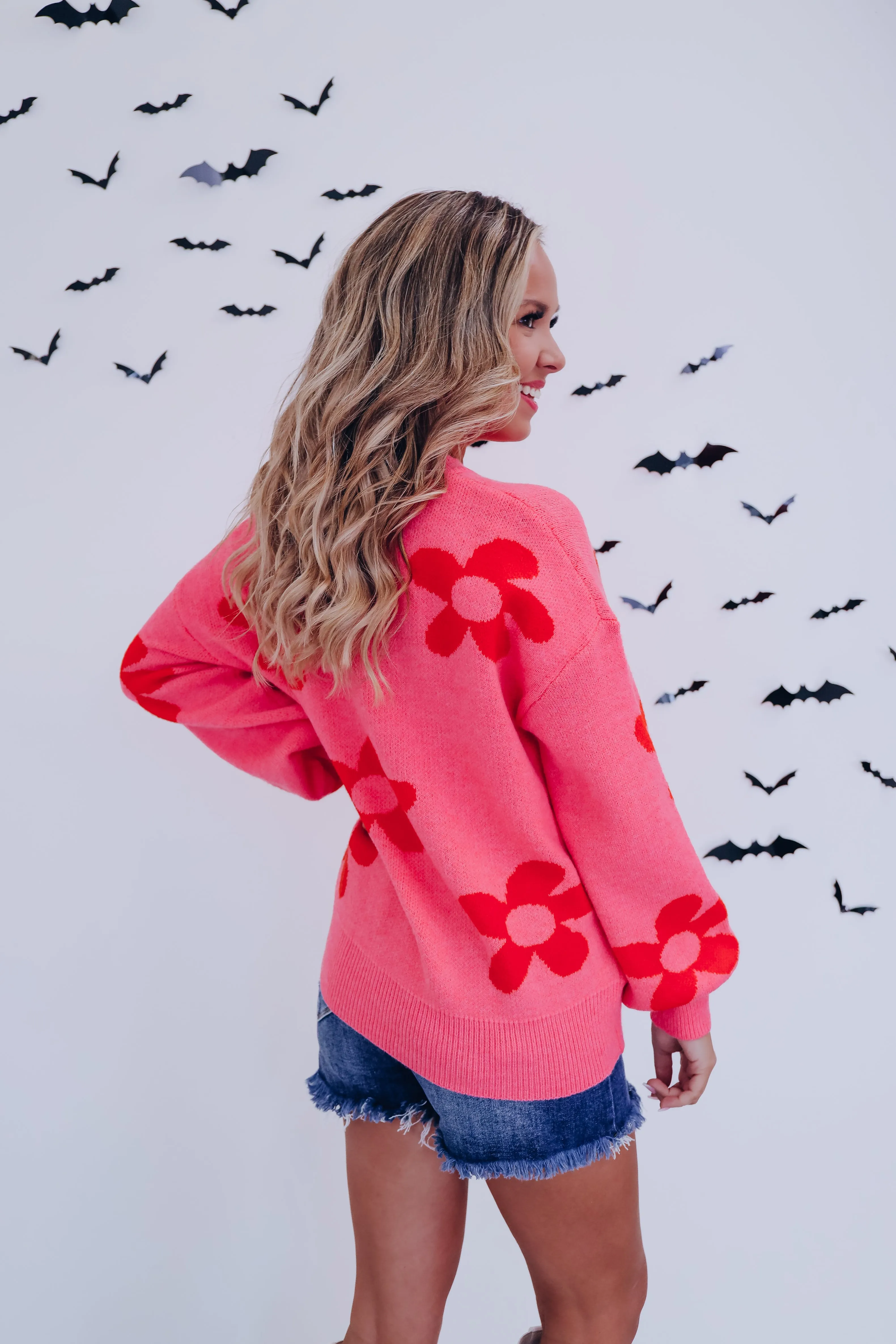 Fall Frenzy Floral Knit Sweater - Pink/Red